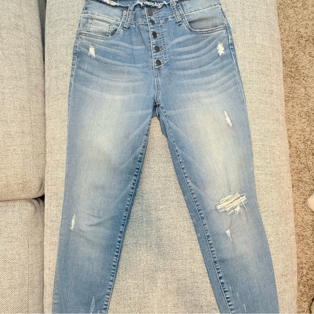 Kut from the Kloth High Rise Blue Jeans with Distressed Details
